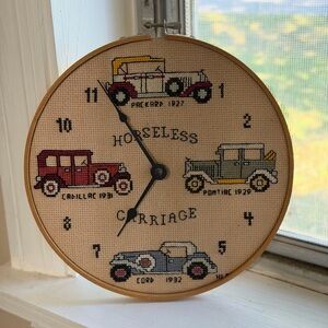 Vintage Horseless Carriage Cross-Stitch Wall Clock - Red, Blue, Green, Cream